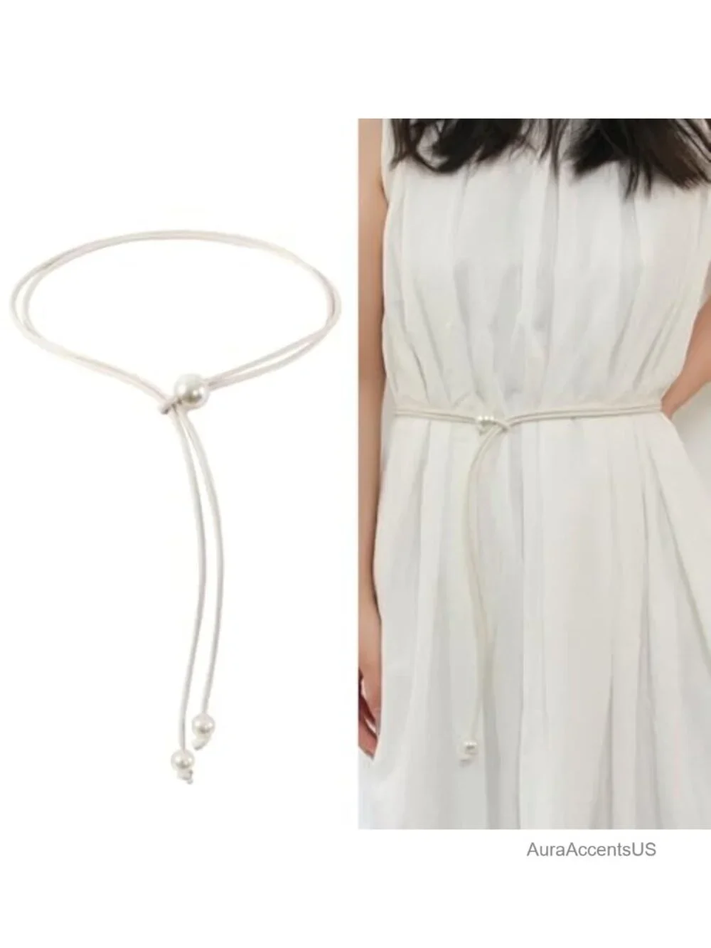 Pearl Leather Knotted Rope Belt for Women Boho Skinny Waist Belt